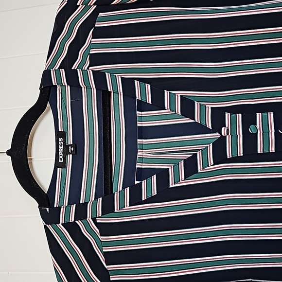 Express m navy blue/green/reddish pink striped long sleeve blouse - Picture 3 of 13